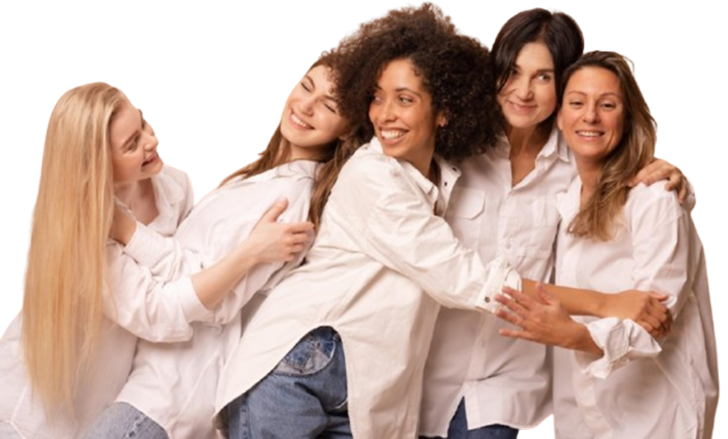 A group of five diverse women in casual white outfits, smiling and hugging each other, symbolizing friendship and support for relationship clarity and transformation.
